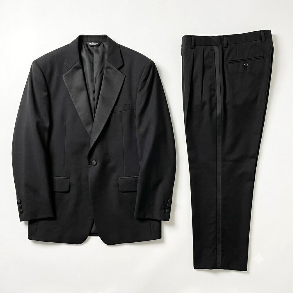 Jos A Bank Notch Collar Tuxedo Suit Black Mens 42R Jacket 36R Pleated Pants